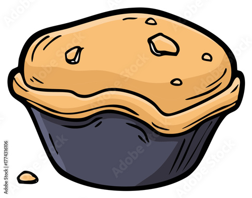 Illustration of a round baked pie with golden crust in a dark pie dish ready for serving