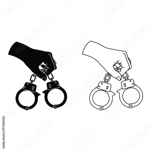 Illustration of a hand holding handcuffs isolated on white background