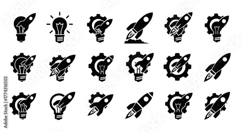 Black Silhouette Icons of Rockets Lightbulbs and Gears Representing Ideas.