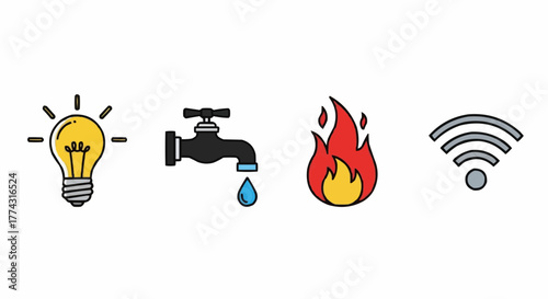 Set of Utility and Energy Icons – Light Bulb, Water Faucet, Flame, and WiFi Signal in Flat Vector Style