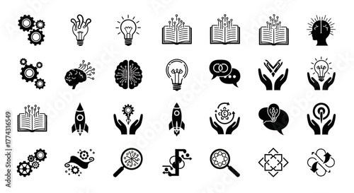Collection of Black and White Innovation and Technology Icons.