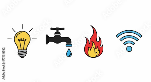 Set of Utility and Energy Icons – Light Bulb, Water Faucet, Flame, and WiFi Signal in Flat Vector Style