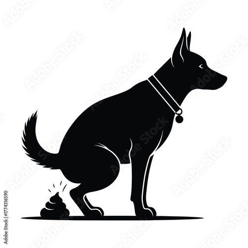 Black silhouette of a dog defecating isolated on white background