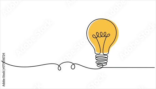 Yellow light bulb with black outline and filament on white background idea