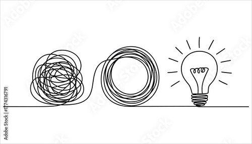 Black line drawing of tangled string leading to a lit lightbulb on white background idea concept