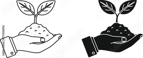 Hand holding young plant with soil in black and white eco concept illustration