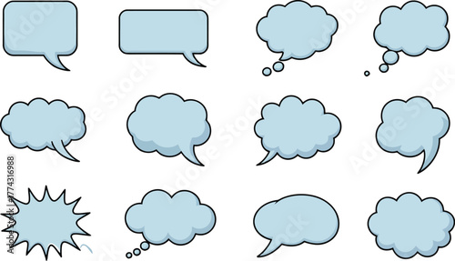 Collection of light blue comic book speech and thought bubbles