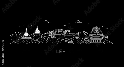 Leh Skyline Illustration Black and White