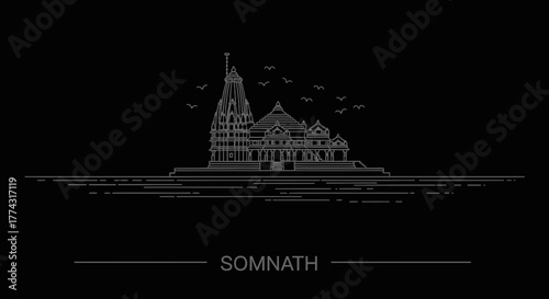 Somnath Temple Line Art Silhouette on Black Background with Birds