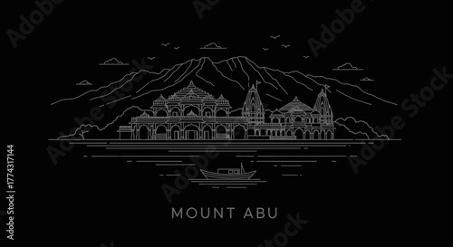 Minimalist Line Art of Mount Abu Temple and Mountains with Boat