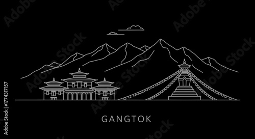 Gangtok Skyline Line Art Black and White