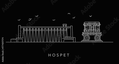 Hospet India Skyline Line Art with Dam and Chariot