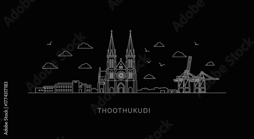 Thoothukudi Skyline Line Art with Church and Port Cranes