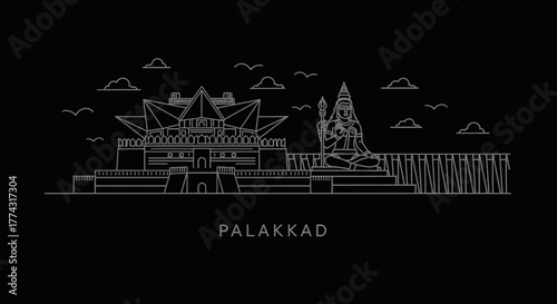 Palakkad India Skyline Linear Art with Lord Shiva Statue
