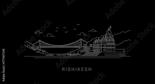 Rishikesh India Skyline Line Art on Black Background