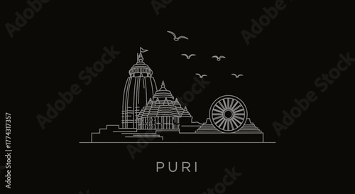 Jagannath Temple Silhouette with Birds and Sun Wheel, Puri, India
