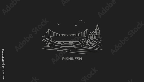 Rishikesh Landmark Line Art With Bridge And Temple