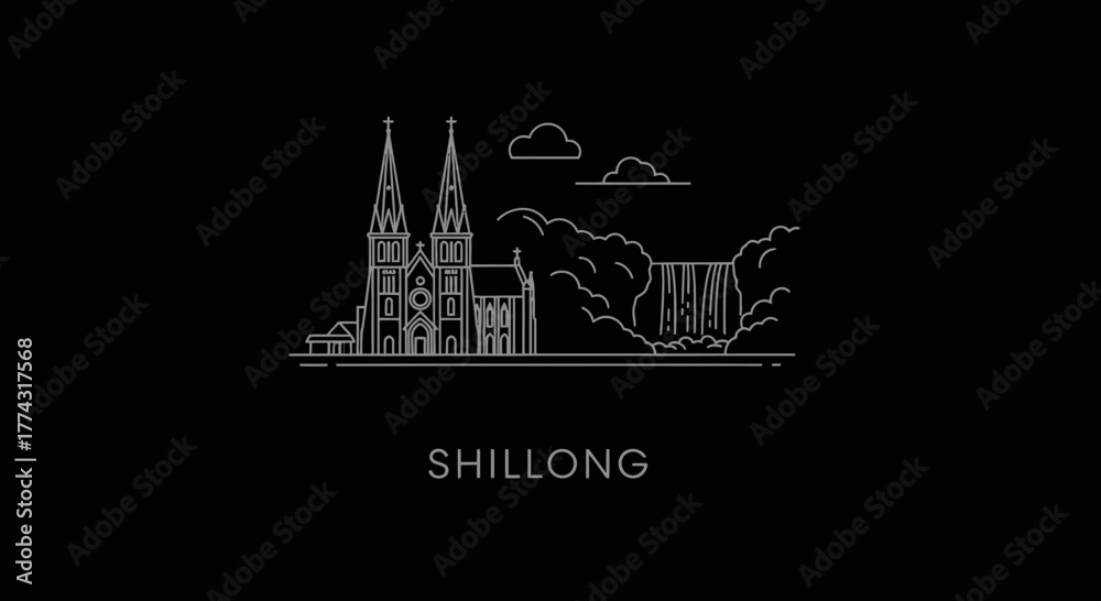 Obraz premium Shillong Skyline Landmark Illustration with Waterfall and Church