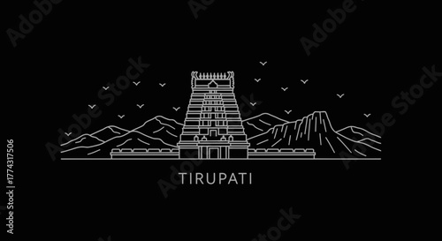 Tirupati Temple Landmark Line Art Illustration