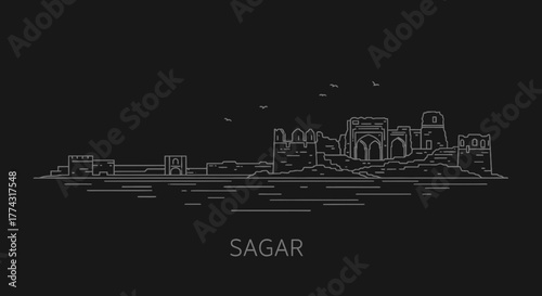Sagar Fort Skyline Outline Vector Illustration on Black Background