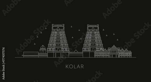 Kolar India Temple Skyline Line Art