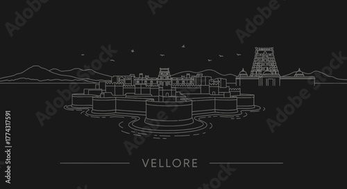 Vellore Fort and Temple Skyline Illustration on Black Background