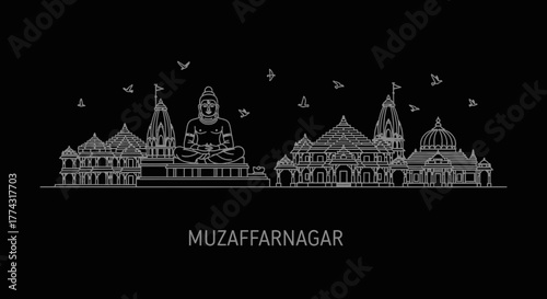 Muzaffarnagar Skyline India Temple Buddha Statue Birds Minimalist Line Art