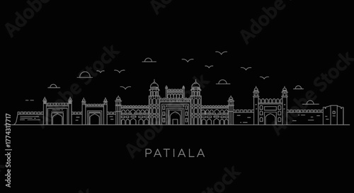 Patiala City Skyline Outline Illustration on Black Background