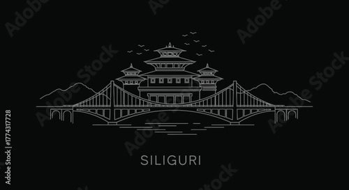Siliguri City Skyline with Suspension Bridge and Mountains Line Art