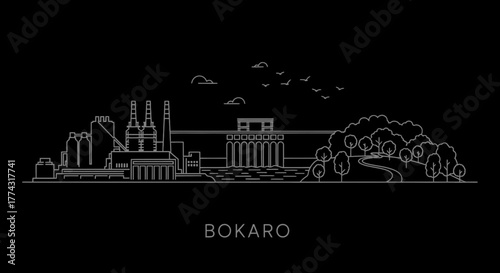 Bokaro Cityscape Line Art Illustration on Black Background