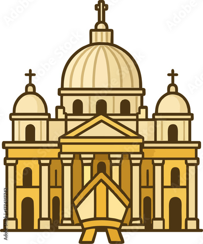 Golden Pope Cathedral Vector Illustration with Mitre – Catholic Landmark Church Icon