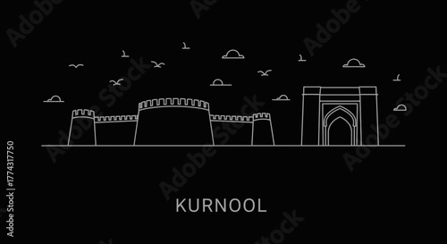 Kurnool City Skyline Line Art on Black Background