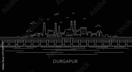 Durgapur City Skyline Industrial Line Art Black Background