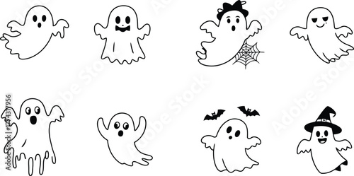 Collection of eight cute and spooky cartoon ghosts for halloween