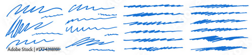 Blue pen scribble vector set. Thin brush stroke line bg. Blue color ballpen zigzag squiggles. Inlegible text handwritten on rough paper. Underline strike through doodles. Messy grungy curved line kit