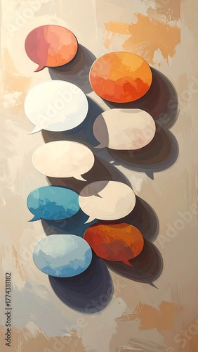 A vertical array of painted speech bubbles against a textured, beige-toned background