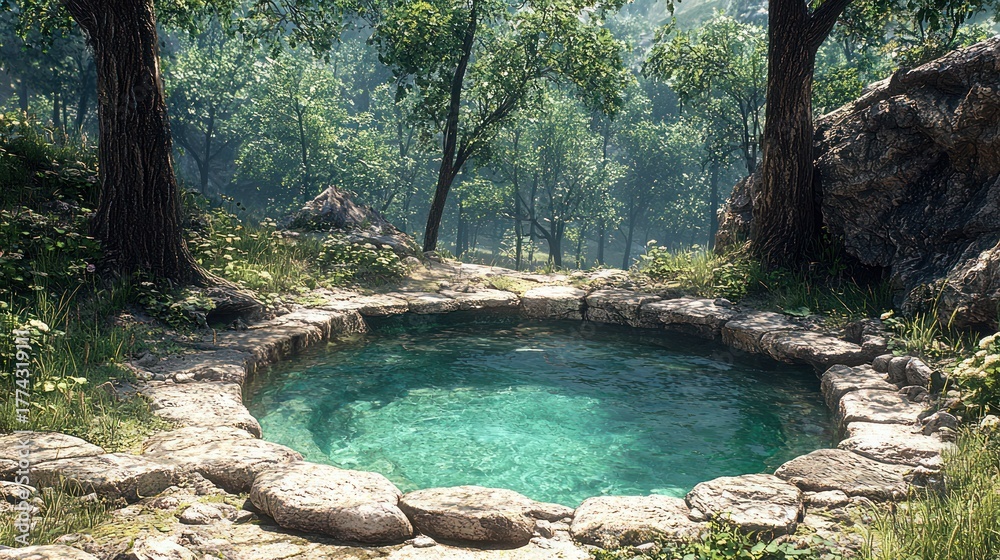 Naklejka premium A tranquil, clear pool surrounded by stones and greenery in a lush forest setting