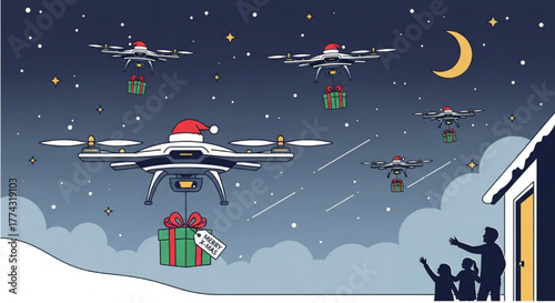 Festive AI Drone Delivering Christmas Gift Box Over Winter Landscape illustration 
