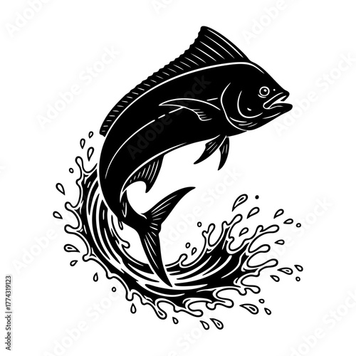 Jumping Mahi Mahi Dolphinfish with Water Splash Silhouette