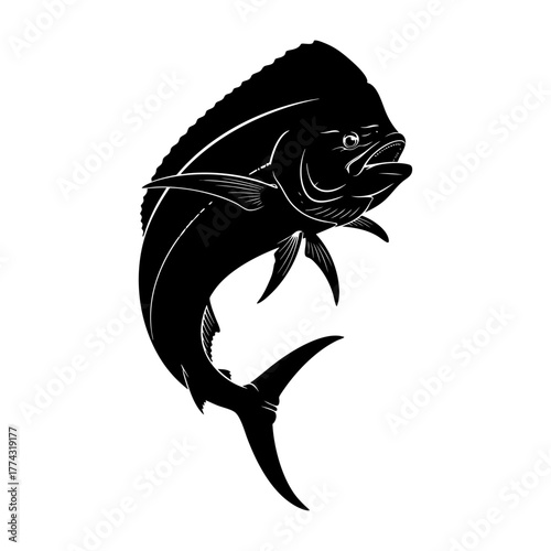 Jumping U-Shape Mahi Mahi Fish Silhouette Top View Vector