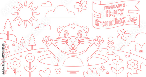 February 2nd Happy Groundhog Day Coloring Page Featuring Smiling Groundhog Emerging From Hole in Field