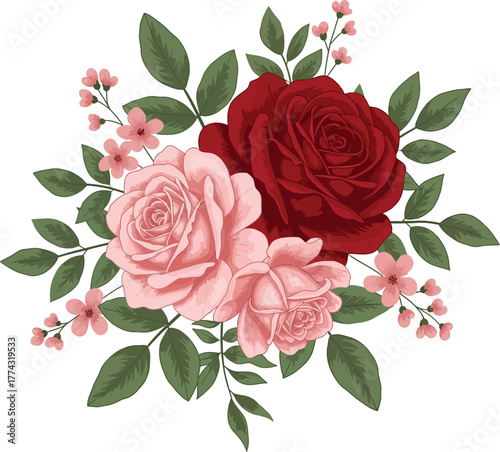 Red and pink roses with green leaves floral decor