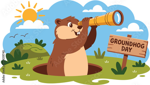 Groundhog Day Illustration Cartoon Groundhog with Telescope Emerging from Hole near Wooden Sign