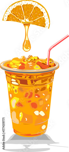 Squeeze orange juice into a clear cup. Flat vector illustration isolated on white background.