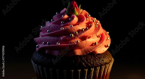Delicious Chocolate Cupcake with Pink Frosting and Silver Sprinkles.