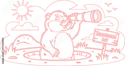 Groundhog Day Outline Groundhog with Telescope Emerging from Hole, Sun, Clouds, Sign and Birds