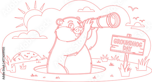 Groundhog Day Outline Groundhog with Telescope Predicting Spring Near Hole with Sign, Birds, and Sun