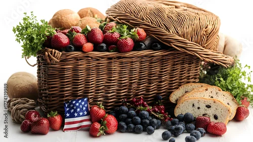 Obraz Fresh basket of berries, bread, and greens with patriotic decorations for a summer picnic celebration