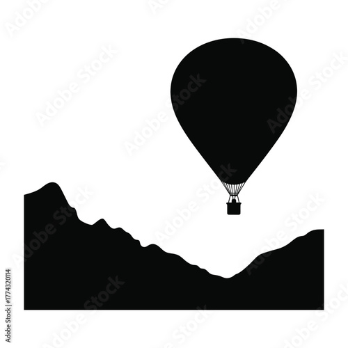 Hot air balloon floating above mountain valley Silhouette, Vector, Illustration