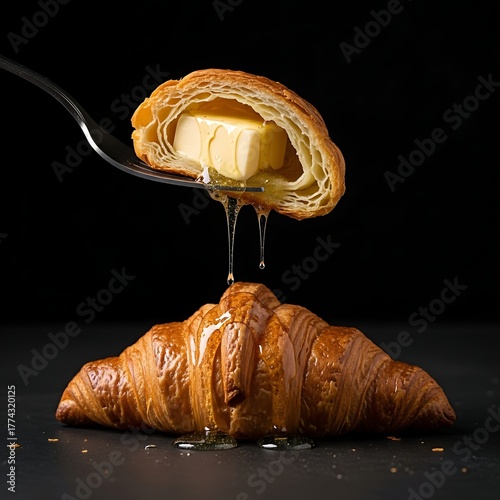 Golden Croissant Delight - Honey Drizzled Perfection on Black Background.